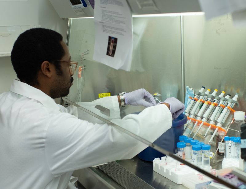 Michael Pitter conducts an experiment at the fume hood.